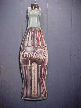 1930s Vintage Coca Cola 30 " Bottle Tin Litho Advertising Thermometer