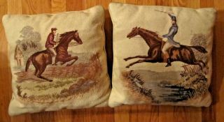 Pair Equestrian Horses Petite Point Hand Made Tapestry Needlepoint Pillow Wool