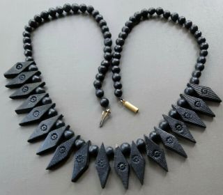 Antique Victorian French Jet Matt Black Glass Flower Fringe Bead Necklace - Q48