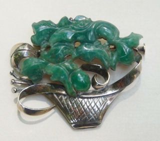 Art Deco Chinese Export Sterling Silver Jadeite Jade Pin Brooch Flower Basket