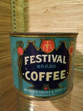 Festival Brand Tin Coffee Can Key Wind 1 Lb Dubuque Iowa Vintage Litho Usa