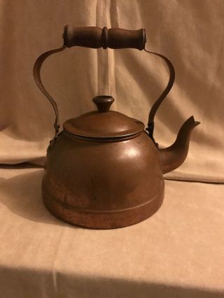 Vintage Copper Tea Pot With Wood Handle Primitive Farmhouse 2