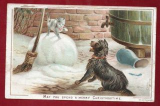 Victorian Playful Dog And Cat Christmas Greeting Card