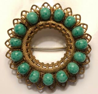 Miriam Haskell Signed Turquoise Blue Green Art Glass Brooch,  Pin,  Jewelry