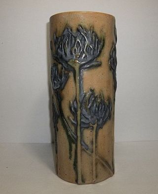 Vintage Art Nouveau Pottery Vase Signed Blue Flowers 11 "