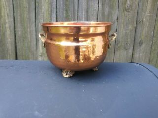 Footed Hammered Copper Pot / Planter With Brass Handles