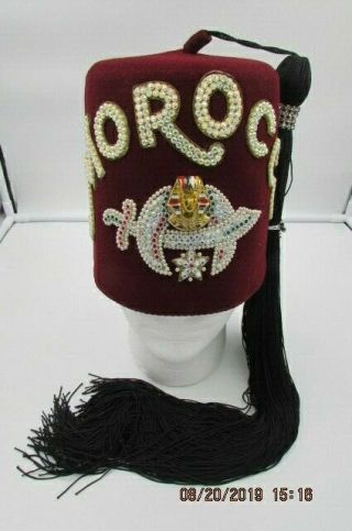 Vintage Morocco Shriner Fez Hat And Case 7 3/8 Turin Co Pearls Rhinestones