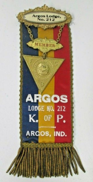 Vintage Argos Lodge Member K Of P Knights Of Pythias Fraternal Ribbon Indiana
