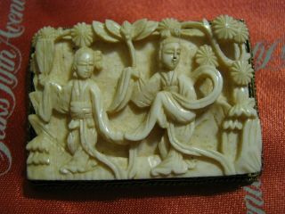 Early 1900s Chinese Export Gilt Silver 3d Carved Bone Ladies & Trees Brooch Lqqk
