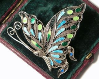 Attractive Antique Art Deco Silver & Enamel Butterfly Brooch