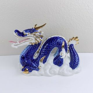 Vintage Porcelain Blue White Asian Dragon Figurine Japan Yoshimi K Style