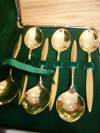 Unusual Case Set Of 6 Wmf Solid German Silver Designer Gilt Spoons 1960s 494