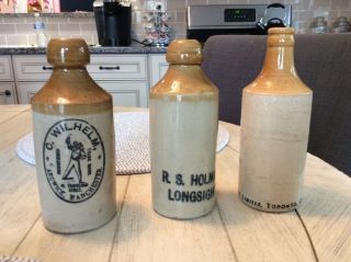 3 Vintage Ginger Beer Bottles 7 - 7 1/2” Tall