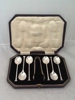Quality Art Deco Cased Set Of 6 Silver Tea Spoons & Tongs - 1923
