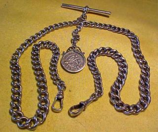 Double Sterling Silver Albert Pocket Watch Chain.  925 Clasps With Coin Mount Fob