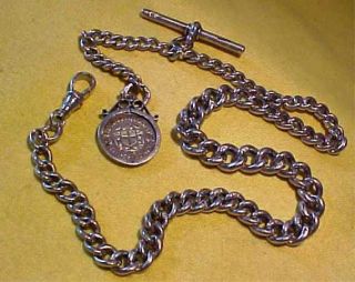A Single Sterling Silver Albert Pocket Watch Chain.  925 Clasps With Old Coin Fob