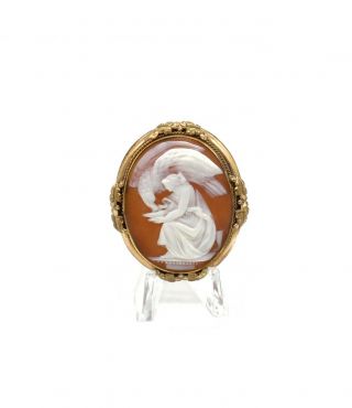 Antique Large Carved Shell Cameo Hebe Feeding Eagle Brooch 7128 - 5
