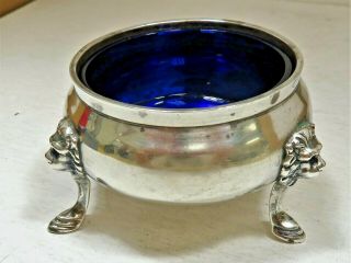 J.  Wagner Sterling Silver 3 Footed Lion Head Nut Dish Bowl Blue Glass Liner