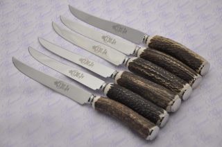 Six Large Baslow Stag/antler Handle Steak Knives Made Sheffield England