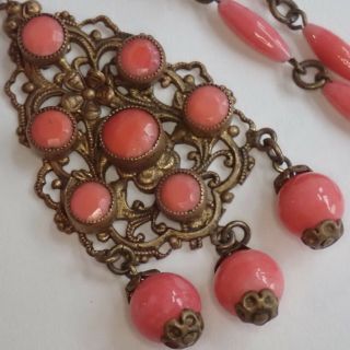 Antique Art Deco Brass Filigree Pink Coral Czech Glass Pendant Necklace