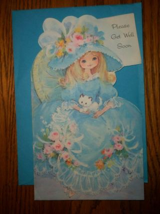 Vintage Forget Me Not Pretty Girl With Kitten Die - Cut.  Greeting Card W/envelope