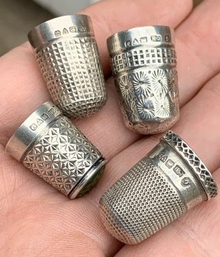 Four Good Antique Solid Silver Charles Horner Thimbles,  Full Chester Hallmarks.