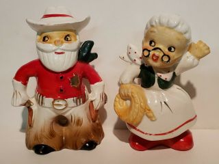 Vintage Christmas Cowboy Santa Claus & Cowgirl Mrs.  Santa Salt & Pepper Novelty