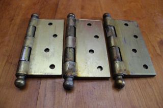 Vintage 4 " Brass Cannon Ball Door Hinges Set Of Three With Brass Screws 1949 1