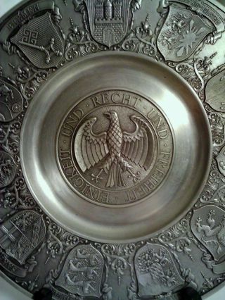 Vtg German Pewter Eagle Plate Wall Hanging Translates Unity & Justice & Freedom