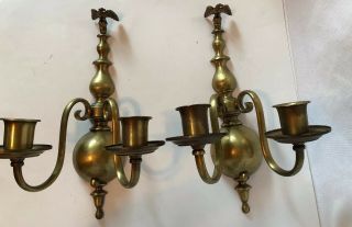 Vintage Brass Colonial Style 2 - Candle Wall Sconces W/ Eagle Finials