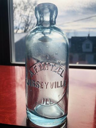 A.  F.  Mitzel Jerseyville Il Ill Illinois Aqua Hutch Soda Bottle