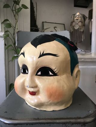 Paper Mache Head Mask Chinese Japanese Sumo Wrestler Vintage Handpainted