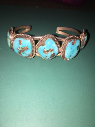 Vintage Navajo Old Pawn 5 Turquoise Stone Sterling Silver Cuff Bracelet