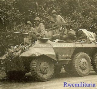 Battle Hardened Us Soldiers On French Road W/ M8 Greyhound Armored Car; 1944
