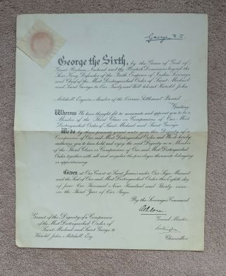 George Vi Distinguished Order Of Saint Michael Document 1939 Cmg