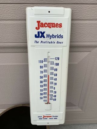 Vintage Jacques Corn Seed Dealer Metal Farm Thermometer Sign
