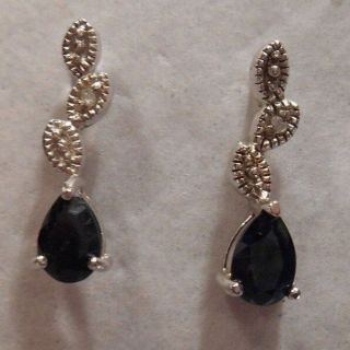 Estate Sapphire & Diamond Accents 925 Sterling Silver Dangle Earrings