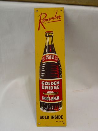 Golden Bridge Root Beer Tin Metal Advertising Tacker Sign With Soda Bottle