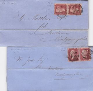 1858 - 60 Two Covers With Pairs Of 1d Red Stamps Sent To Montgomeryshire Wales