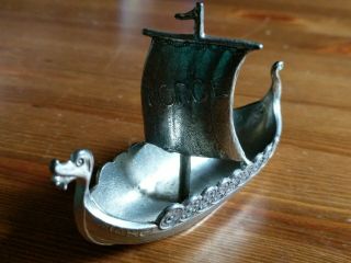 Norway " Norge " Handstopt Tpb Tinn Pewter Viking Ship,  4 Inches Long