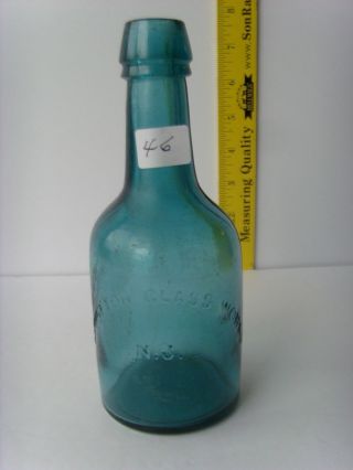 Antq " Bridgeton Glass Nj " Peacock - Blue Double Collar Squat Soda Bottle 7” 48/46