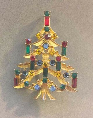 Signed Eisenberg Ice Multi - Color Rhinestone Candle Christmas Tree Pin Brooch