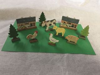 Vintage Tiny Wood Toy Farm Set - Barns,  Cow,  Sheep,  Pig,  Rooster,  Duck,  Germany
