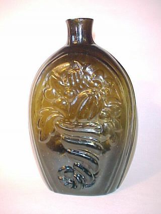Cornucopia & Urn Historical Flask 6 3/4 " Pint No Wear The Best Olive Yellow