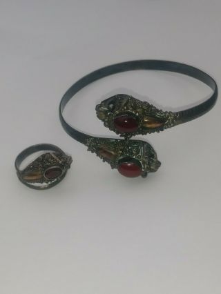 Antique Chinese Export 925 Silver Garnet Serpent Snake Dragon Bracelet & Ring