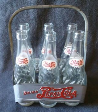 Vintage 6 Pack Pepsi Cola Soda Glass Bottles With Metal Carrier Has Handle