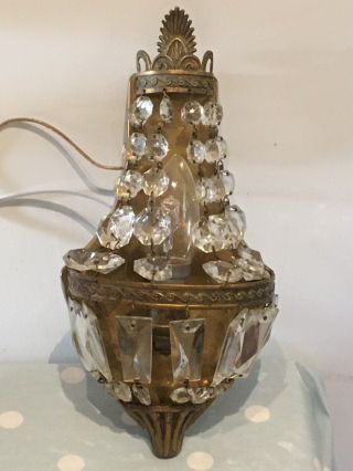 Vintage Brass And Glass Crystal Lustre Wall Light