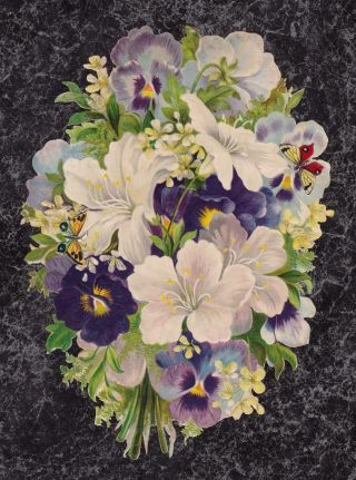 Huge Victorian Die Cut Scrap Purple & Mauve Pansies And White Lilies 9.  5 X 6.  5 "