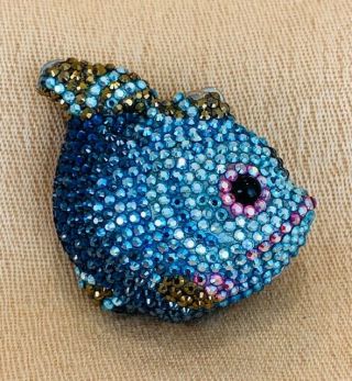 Rare Judith Leiber Blowfish Blue/pink Swarovski Crystal Pillbox Ring Box