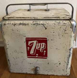 Antique Vintage 7 Up Cooler Ice Box Metal W/ Handle W/ Tray W/ Drain Cap